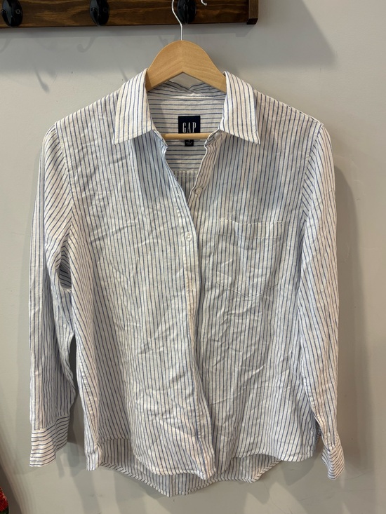 GAP Tops - GAP Linen Blend White and Navy Button-Down Shirt